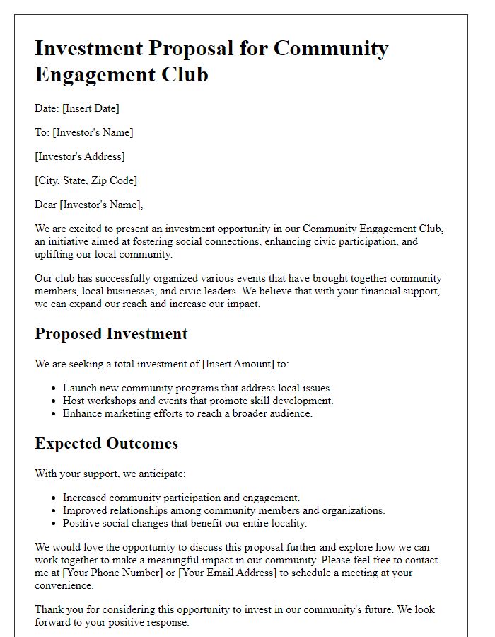 Letter template of investment proposal for community engagement club.