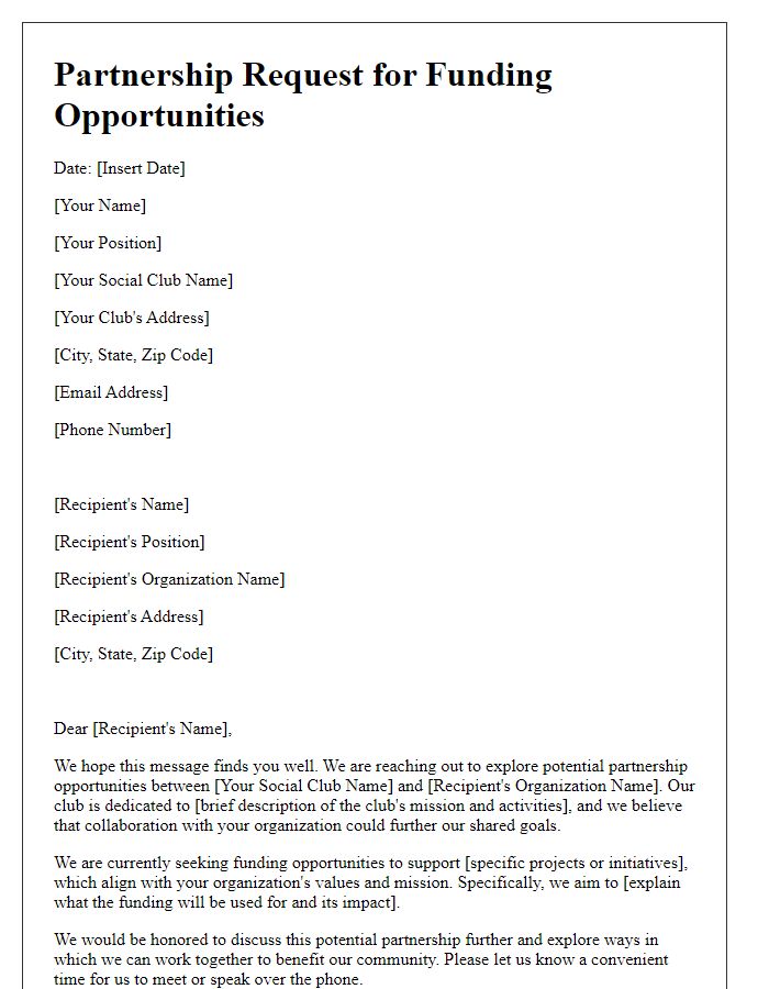 Letter template of partnership request for social club funding opportunities.