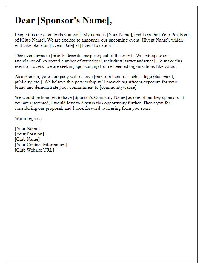 Letter template of sponsorship solicitation for club events.