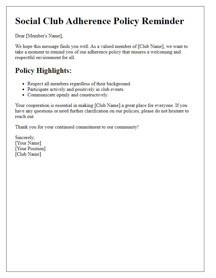 Letter template of social club adherence policy reminder