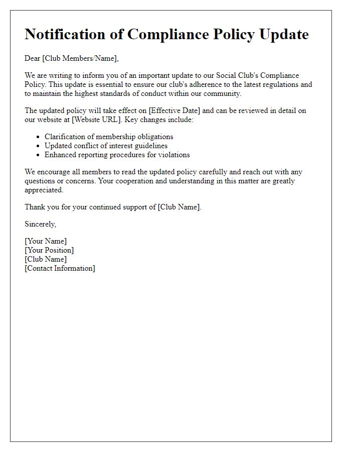 Letter template of social club compliance policy update notification