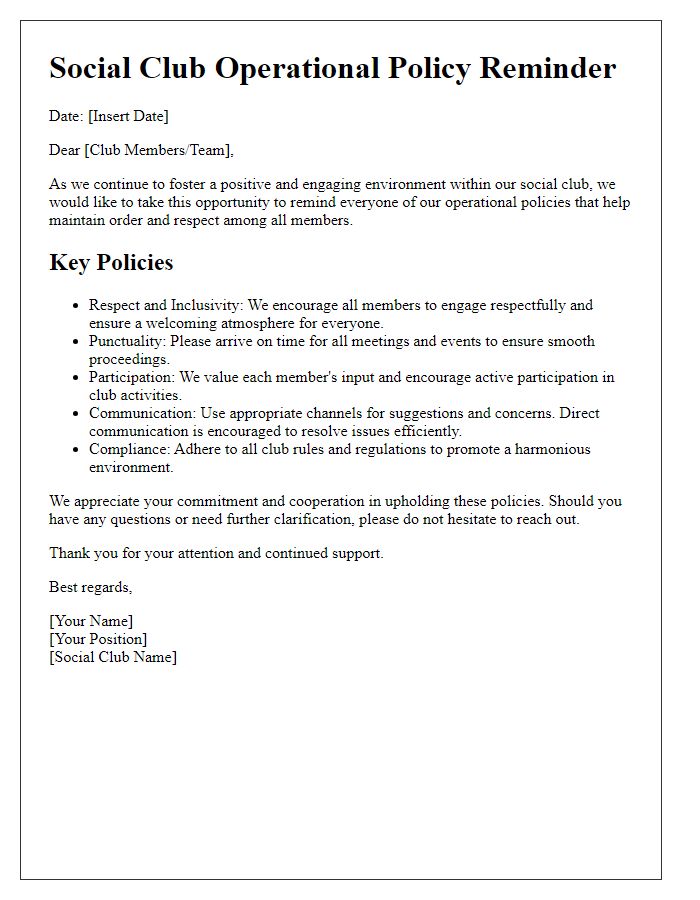 Letter template of social club operational policy reminder