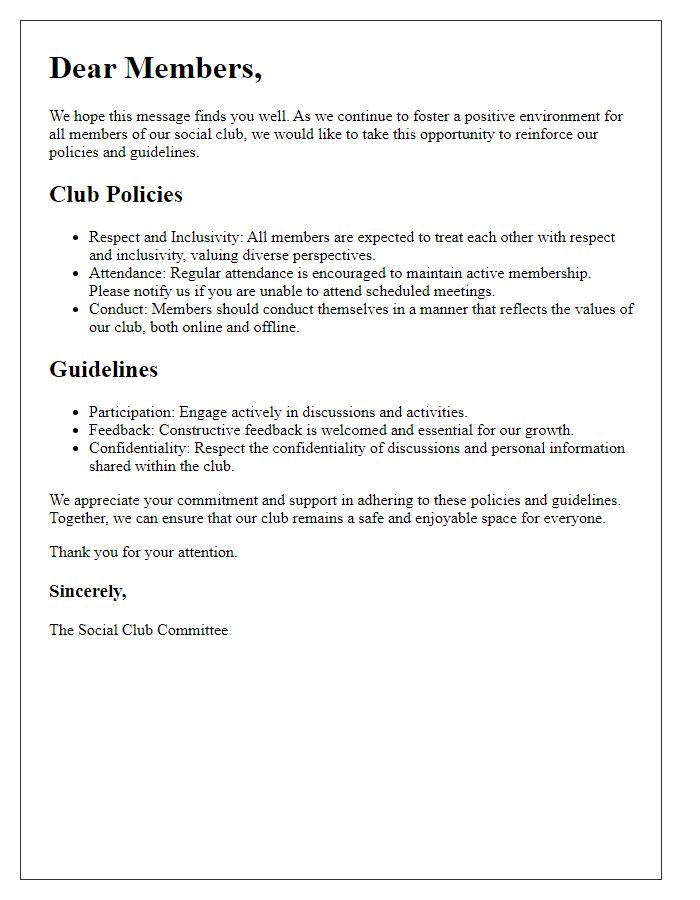 Letter template of social club policies and guidelines reinforcement