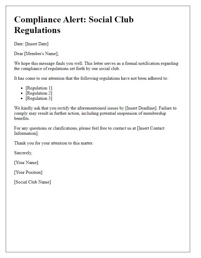 Letter template of social club regulations compliance alert