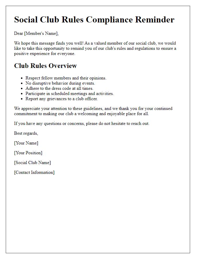 Letter template of social club rules compliance reminder