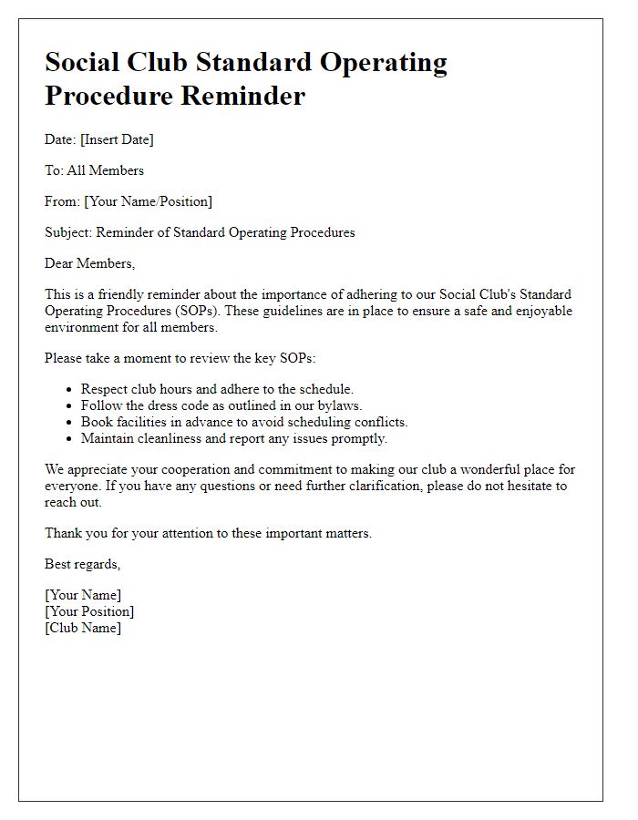 Letter template of social club standard operating procedure reminder