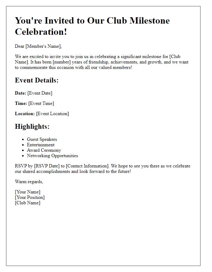 Letter template of club milestone event invitation