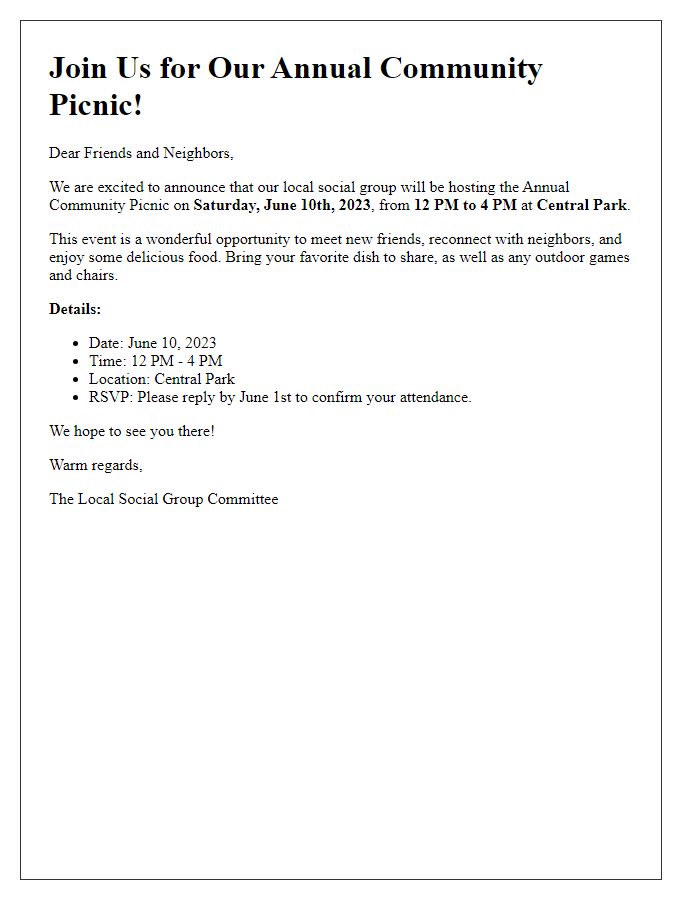 Letter template of local social group event announcement