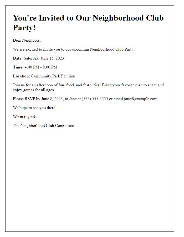 Letter template of neighborhood club party invitation