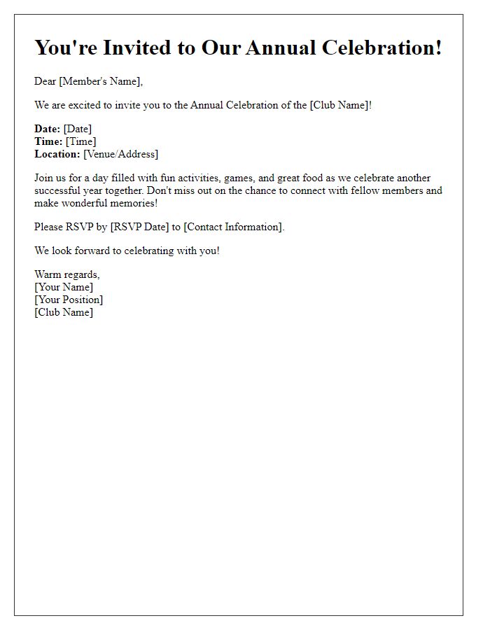 Letter template of recreational club celebration invite