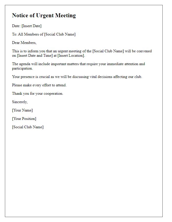 Letter template of brief notice for social club urgent convening