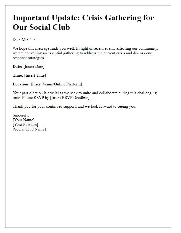 Letter template of essential update for social club crisis gathering