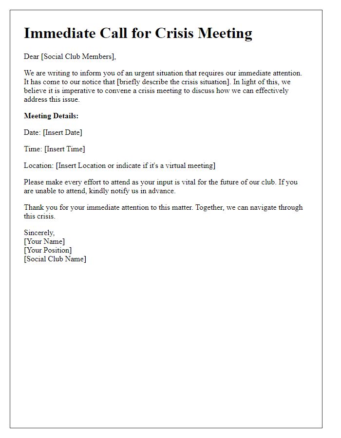 Letter template of immediate call for social club crisis meeting