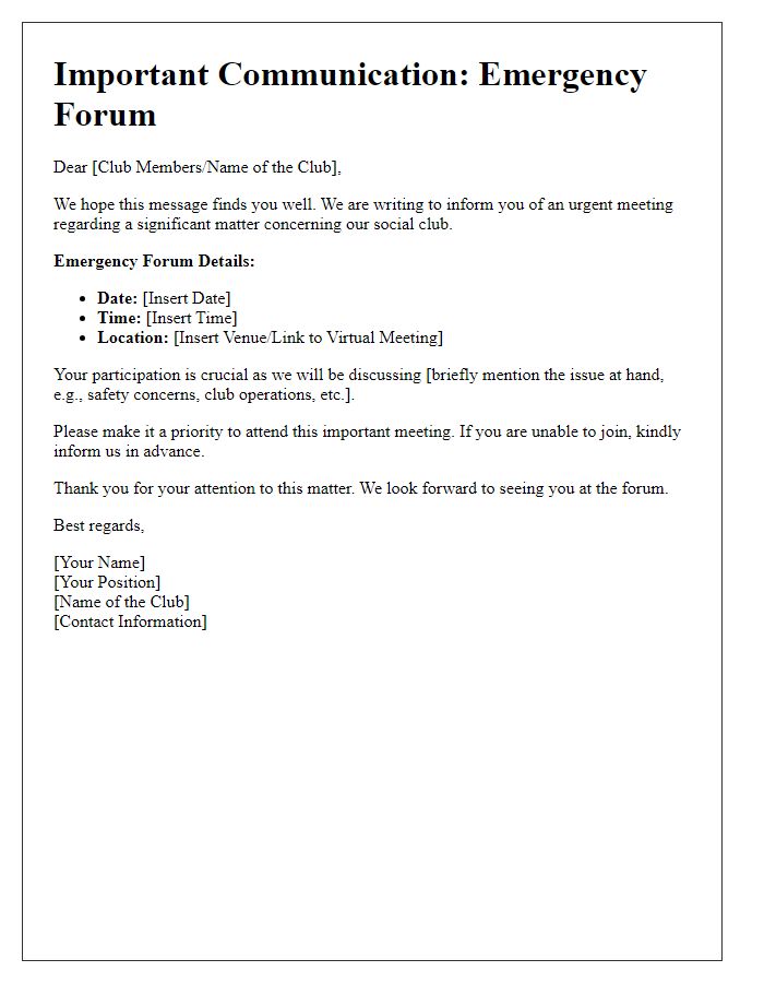 Letter template of important communication for social club emergency forum