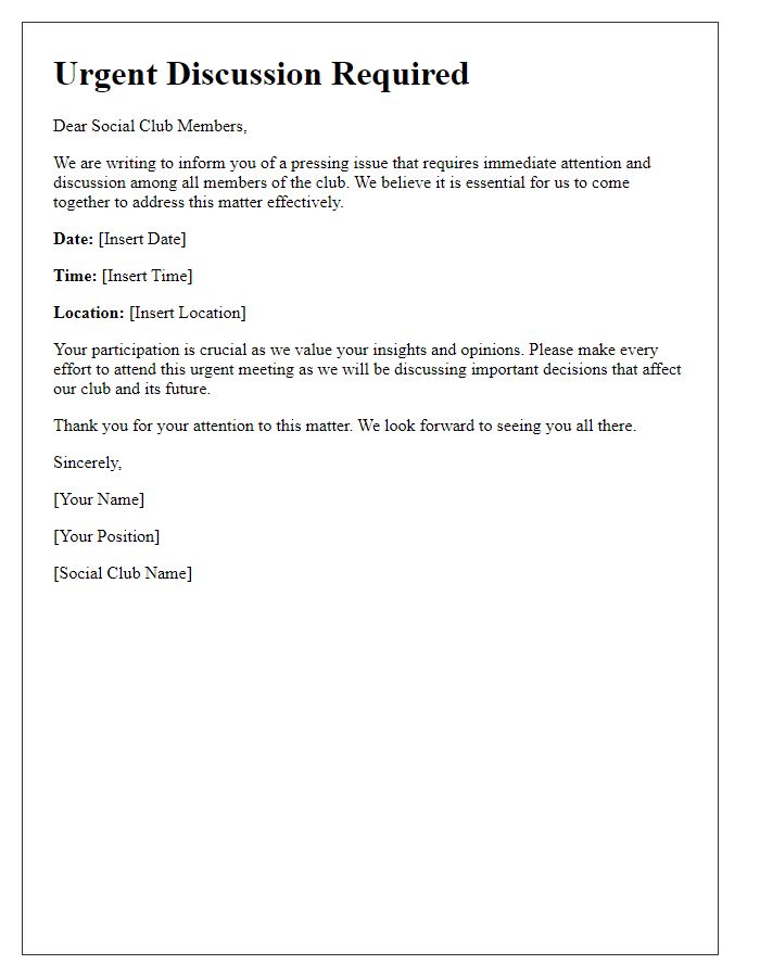 Letter template of pressing alert for social club urgent discussion