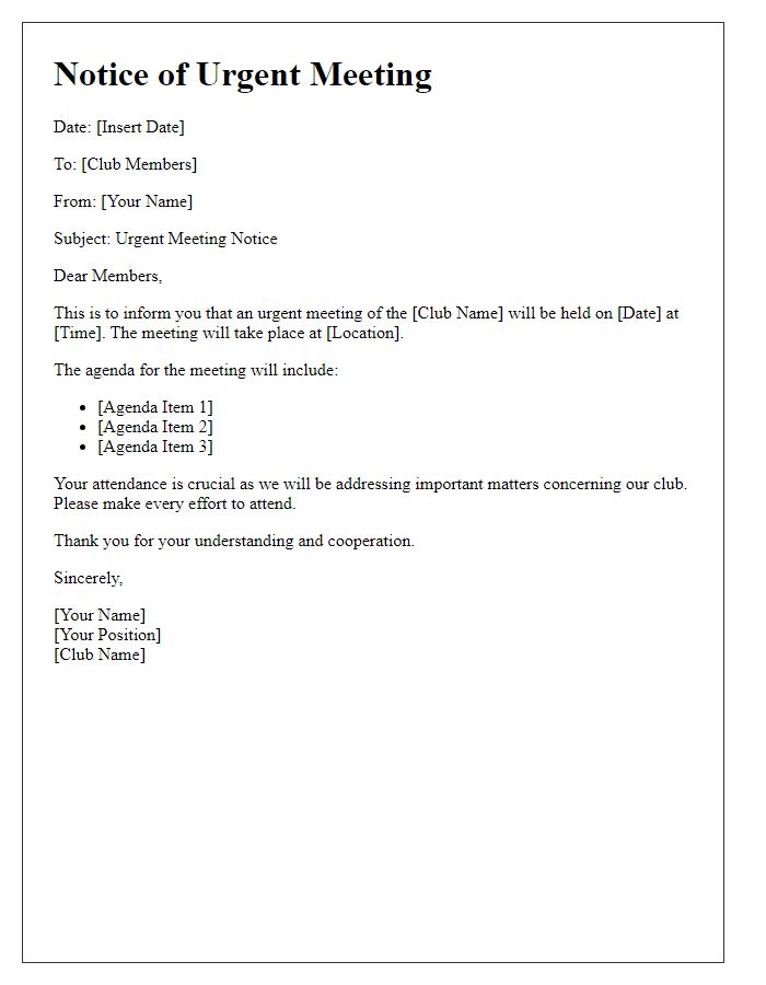 Letter template of rapid notice for social club urgent meeting