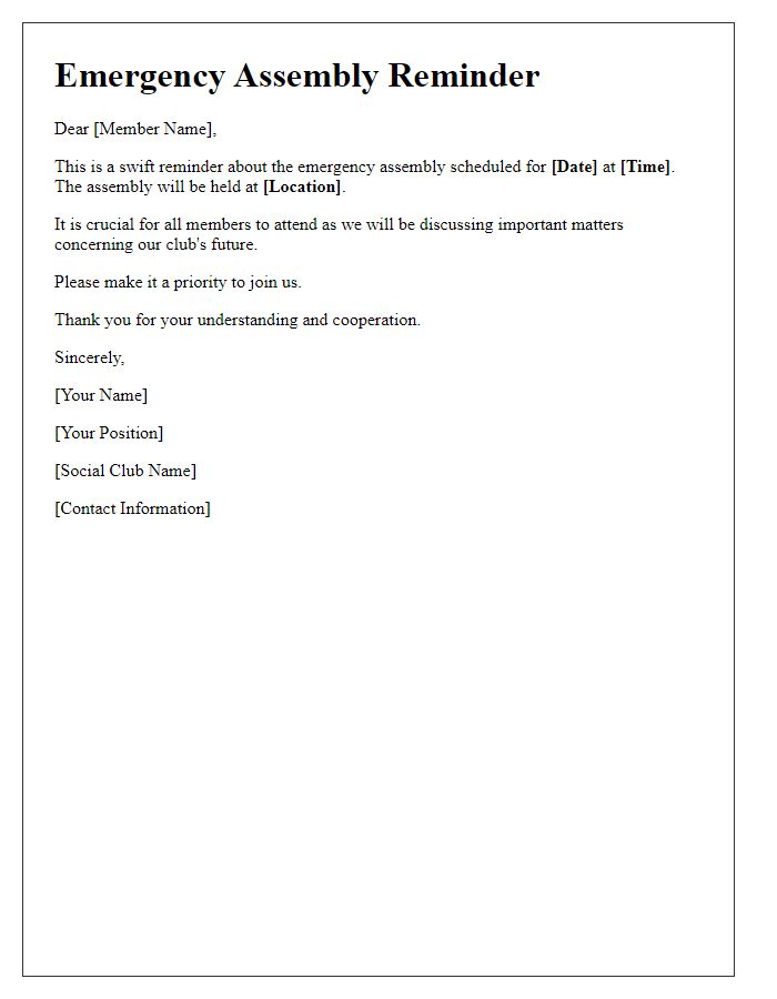 Letter template of swift reminder for social club emergency assembly