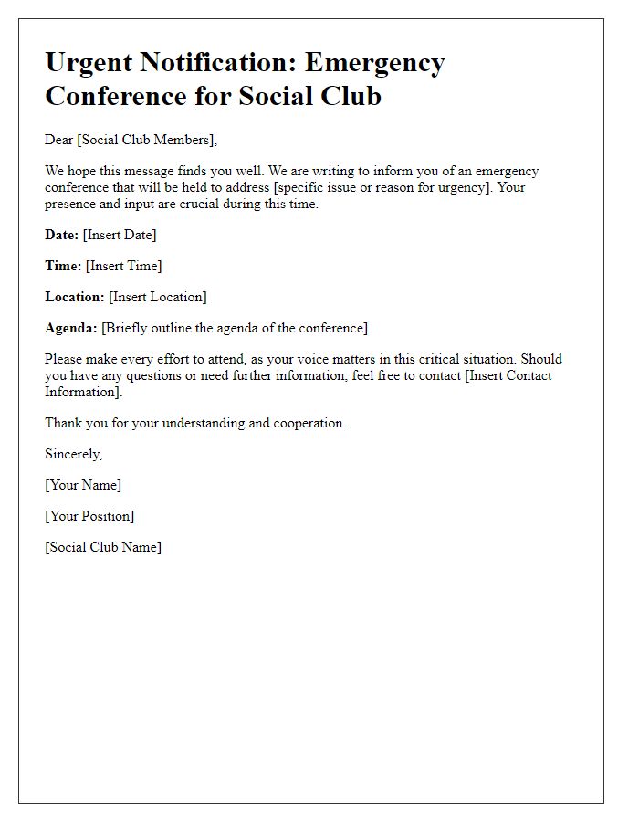 Letter template of timely notification for social club emergency conference