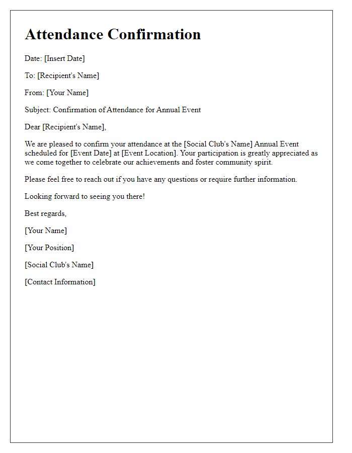 Letter template of attendance confirmation for social club's annual event.