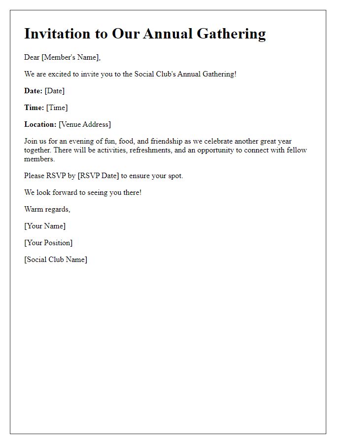 Letter template of invitation to the social club annual gathering.