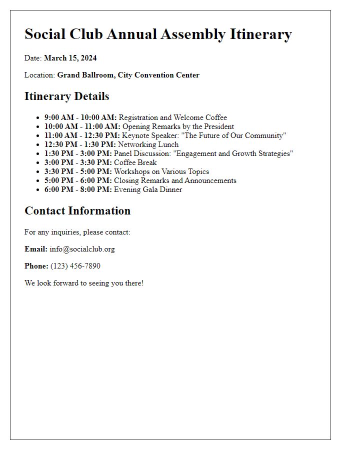 Letter template of itinerary details for the social club annual assembly.