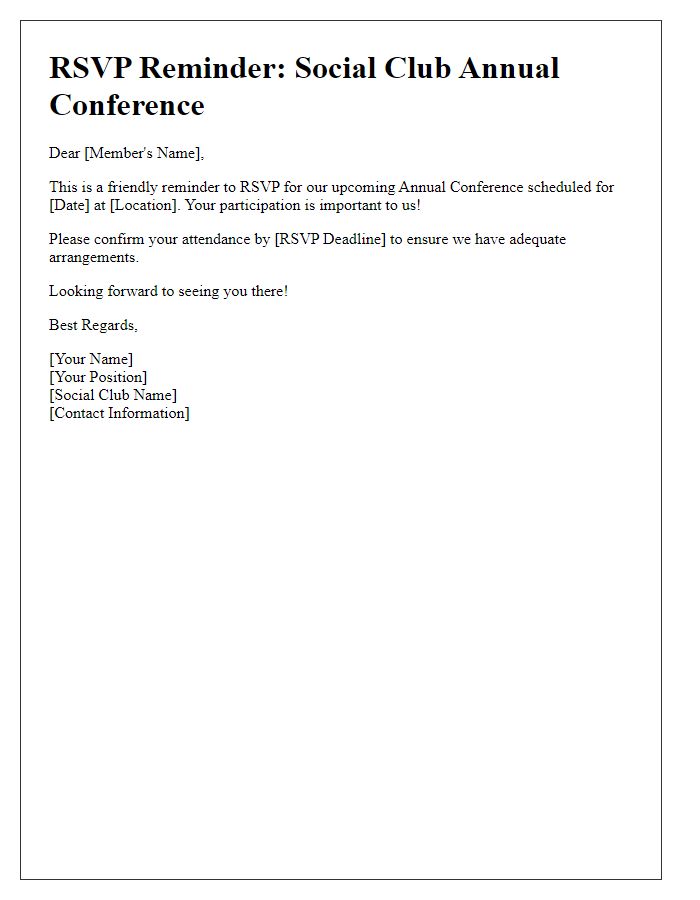 Letter template of RSVP reminder for the social club annual conference.