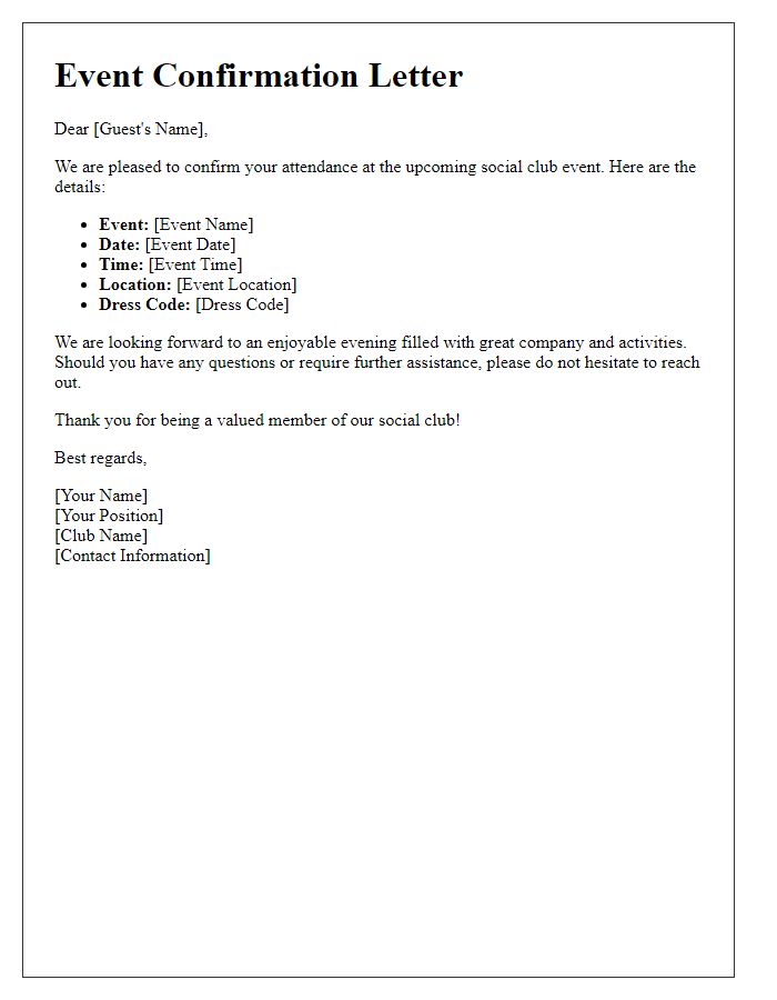 Letter template of social club event confirmation for guests