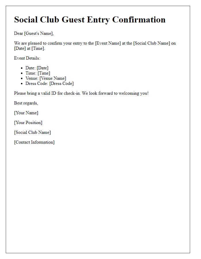 Letter template of social club guest entry confirmation