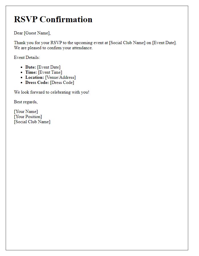 Letter template of social club guest RSVP confirmation