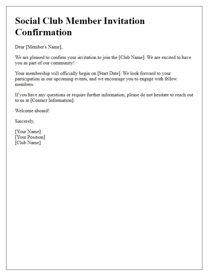 Letter template of social club member invitation confirmation