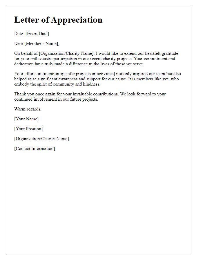 Letter template of applauding member participation in charity projects