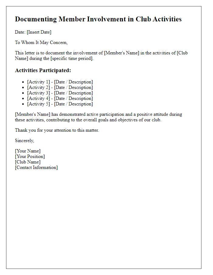 Letter template of documenting member involvement in club activities