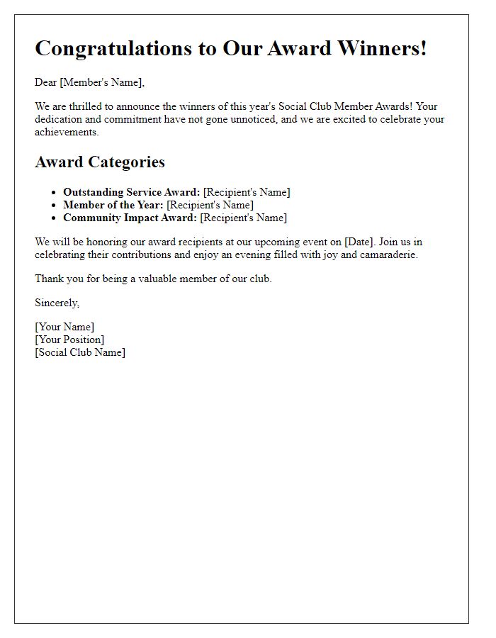 Letter template of highlighting social club member awards