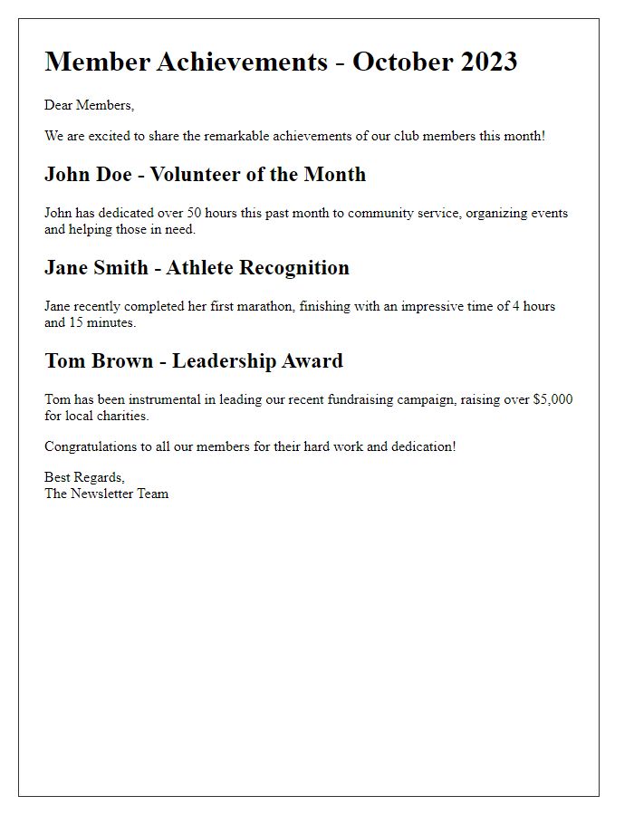 Letter template of member achievements for social club newsletter