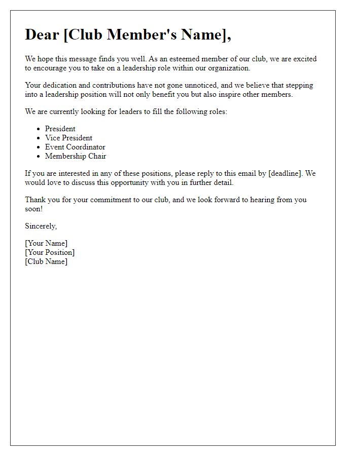 Letter template of promoting club member leadership roles