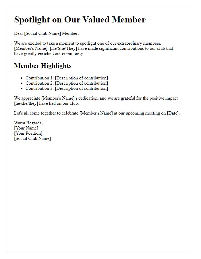 Letter template of spotlight on member contributions to the social club