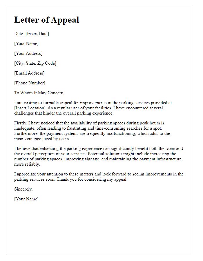 Letter template of appeal for better parking service experience.