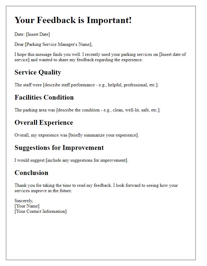 Letter template of feedback for parking service quality.