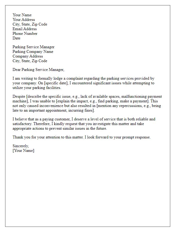 Letter template of formal complaint regarding parking service.