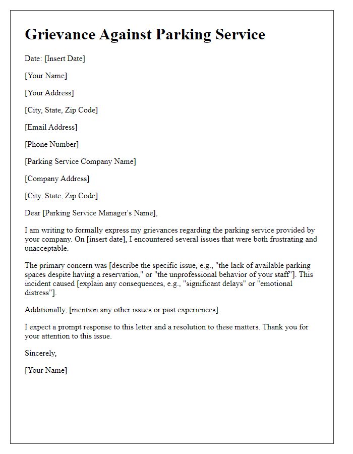 Letter template of grievances against parking service.