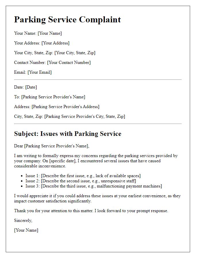 Letter template of issues with parking service.