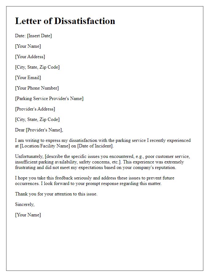 Letter template of parking service dissatisfaction.