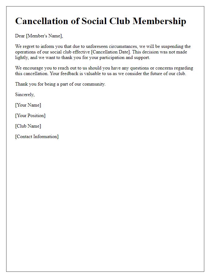 Letter template of social club cancellation notification