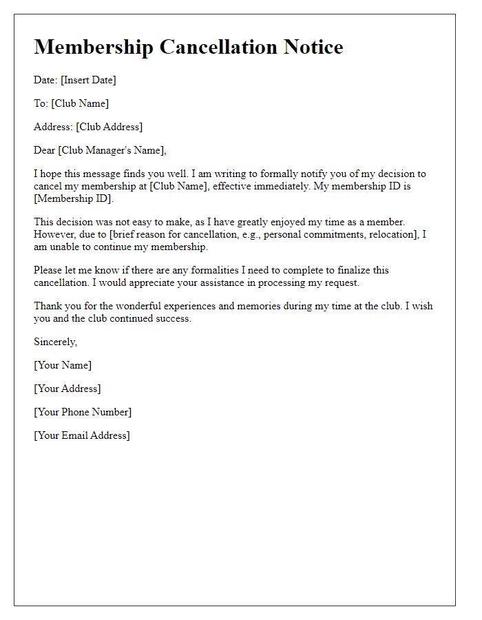 Letter template of social club membership cancelation notice