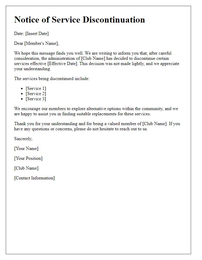 Letter template of social club service discontinuation