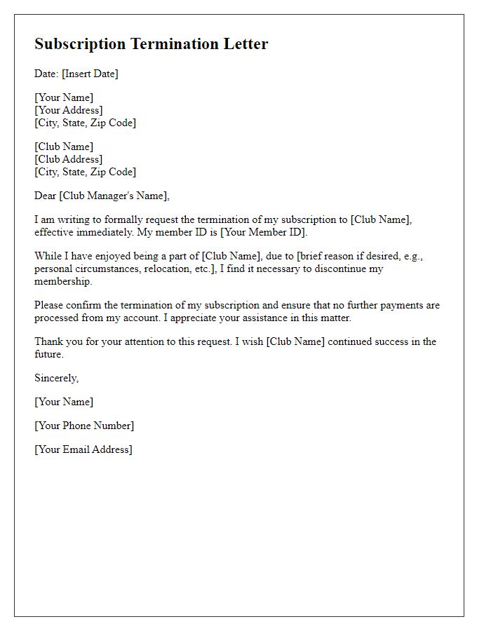 Letter template of social club subscription termination