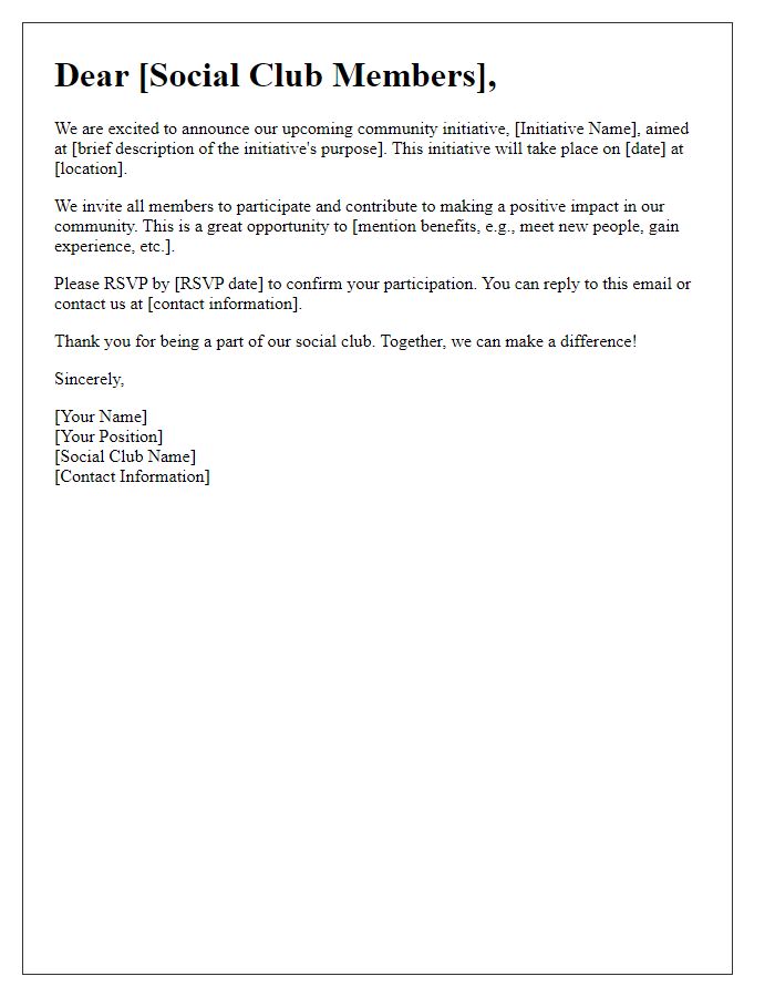 Letter template of social club community initiative announcement