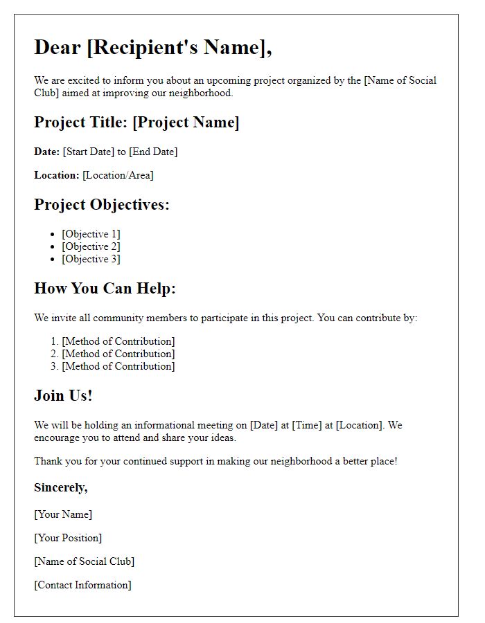 Letter template of social club neighborhood project details