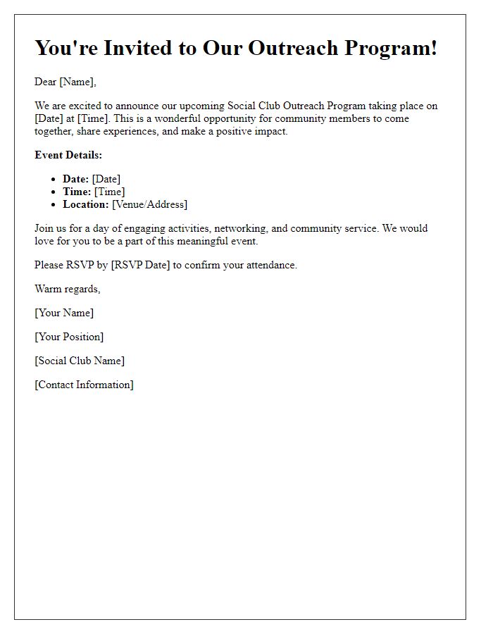 Letter template of social club outreach program invitation