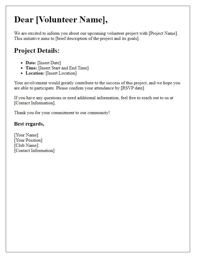 Letter template of social club volunteer project notification